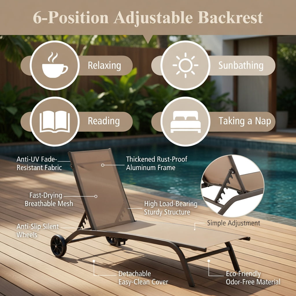 Hommoo Heavy-Duty Adjustable Chaise Lounge Chair with Rotating Sun Canopy, Built-in Cup Holder & Smooth-Rolling Wheels, Outdoor Recliner for Patio, Poolside & Balcony, Brown