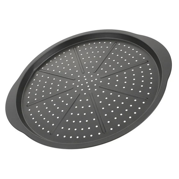 Round Perforated Pizza Pan 15Inch Carbon Steel Nonstick Coating Even Baking Sheet with Handle Oven Safe Cooking Tray