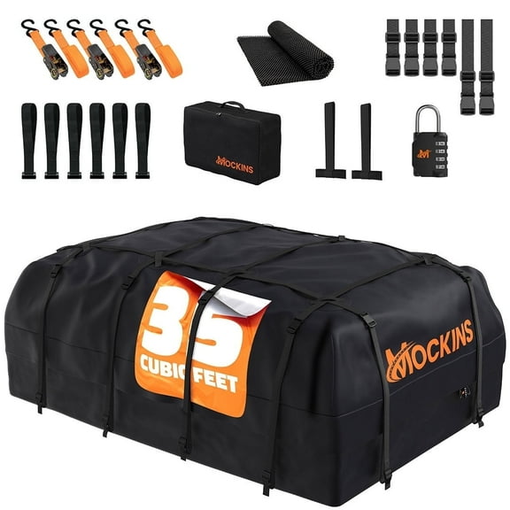 Mockins 35 Cu Ft. Black Waterproof Roof Cargo Bag  (60"x 42"x 24") with Roof Pad, Straps, Hooks, Lock & Carry Bag