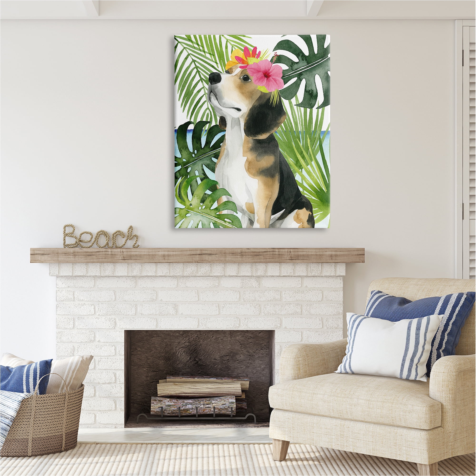 Stupell Industries Puppy with Hibiscus Animals & Insects Painting Gallery Wrapped Canvas Art Print Wall Art, 36 x 48