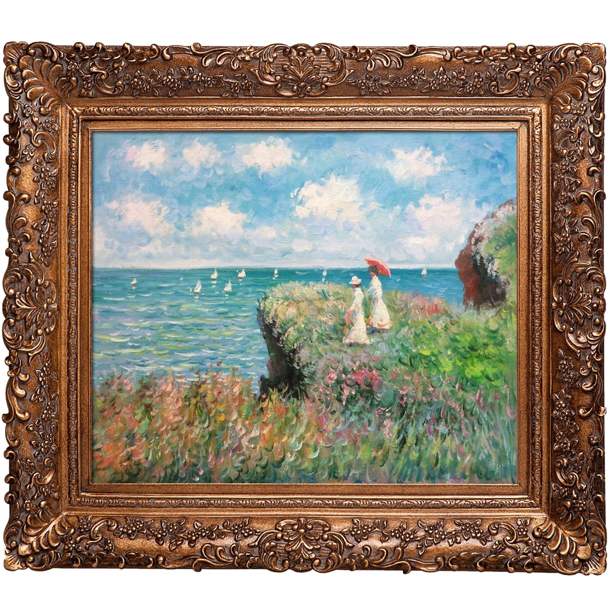 La Pastiche Hand Painted Oil on Canvas Cliff Walk At Pourville by Claude Monet Framed 29 x 25 Multi-Color 