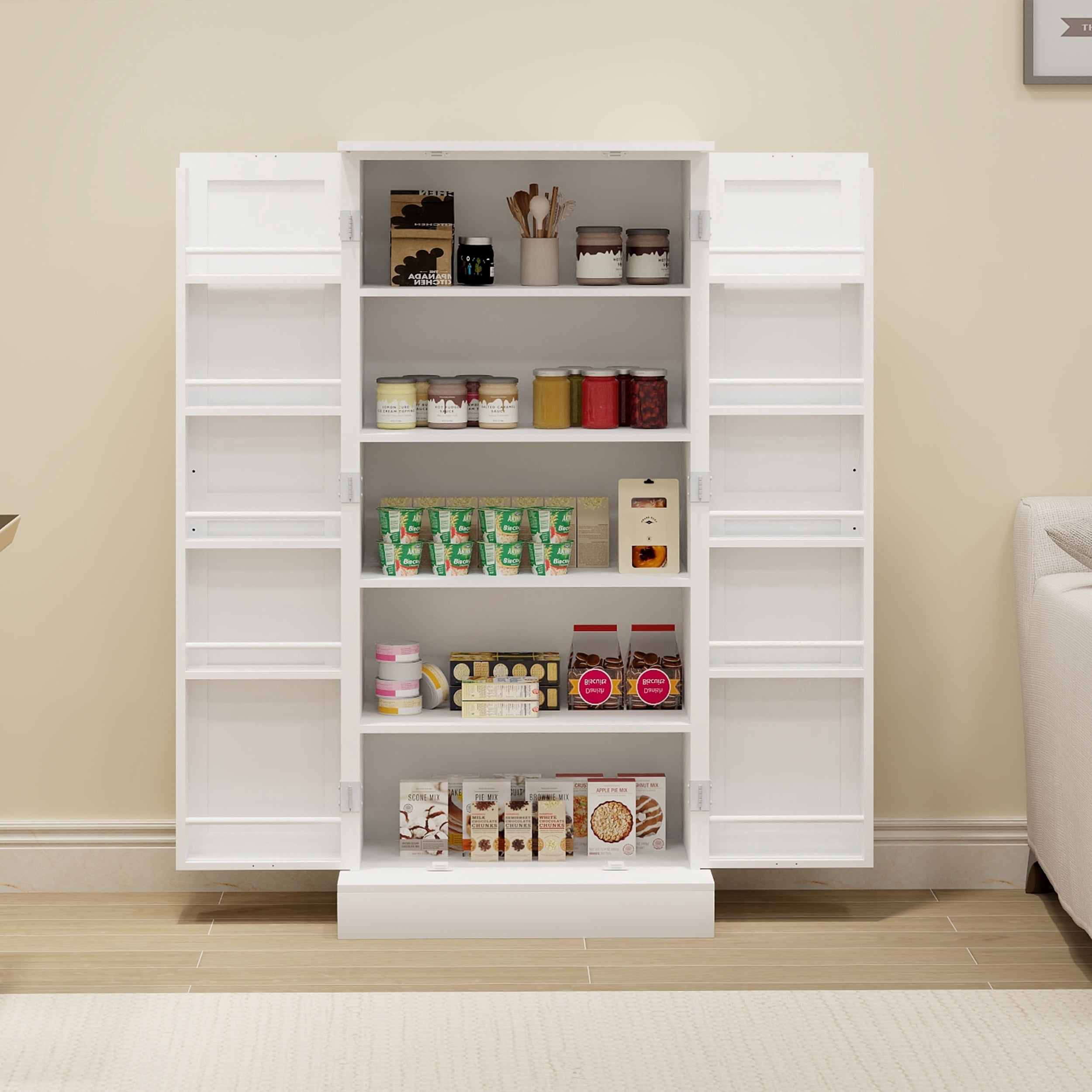 Pantry Cabinet, UHOMEPRO Kitchen Storage Cabinet with LED Light & Adjustable Shelves, 2 Barn Doors & 10 Door Shelves, Farmhouse Freestanding Food Pantry Cupboard for Dining Room Entryway, White