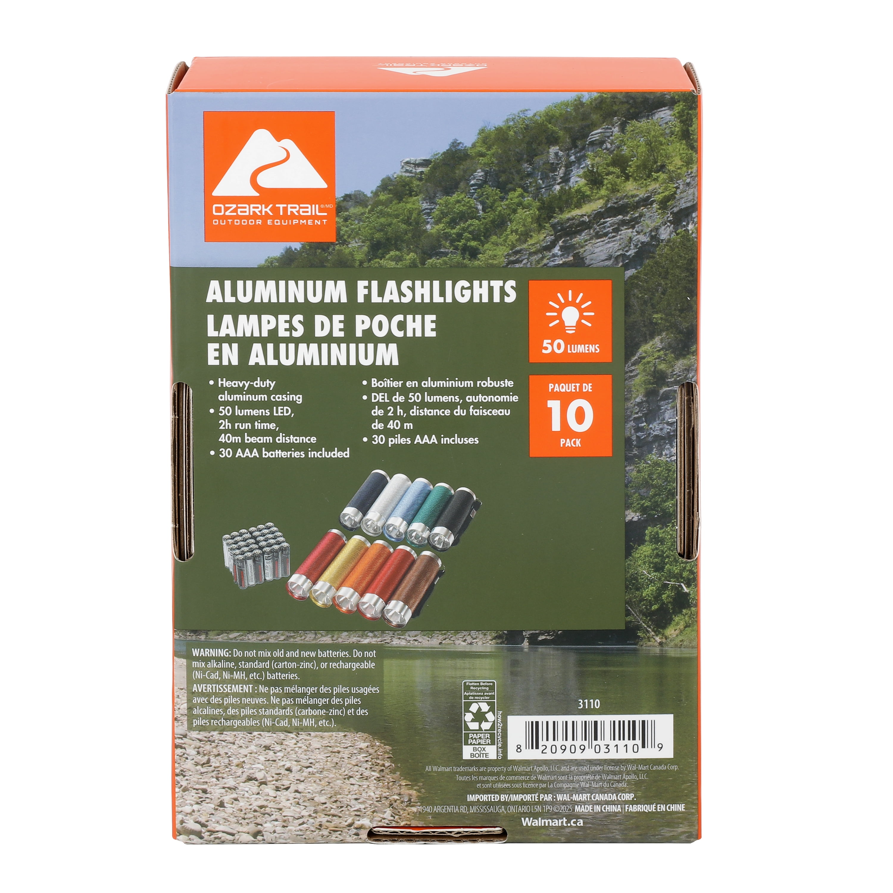 Lot de 10 lampes de poche DEL Ozark Trail, 50 lumens, multicolores, compactes, pour le camping et les urgences