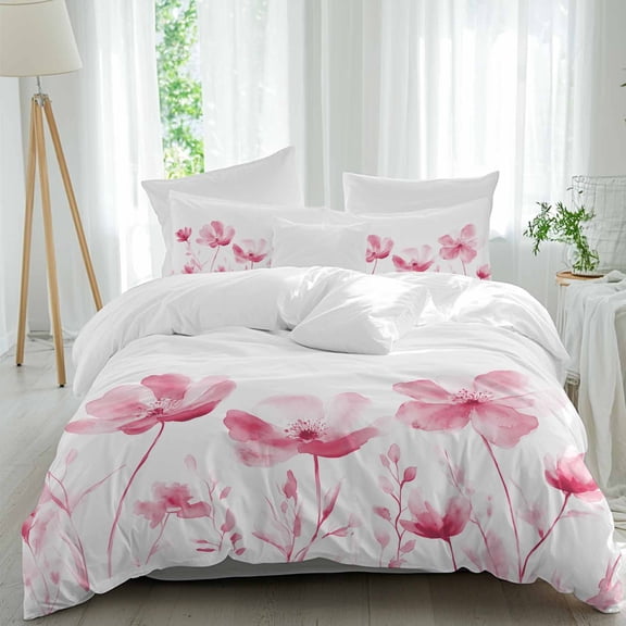 3 Piece Pink Flowers Duvet Cover Set California King,Microfiber Comforter/Quilt Cover with Corner Ties and 2 Pillowcases,Vintage White Floral Plant Herb Botanical Soft Bedding with Zipper Closure