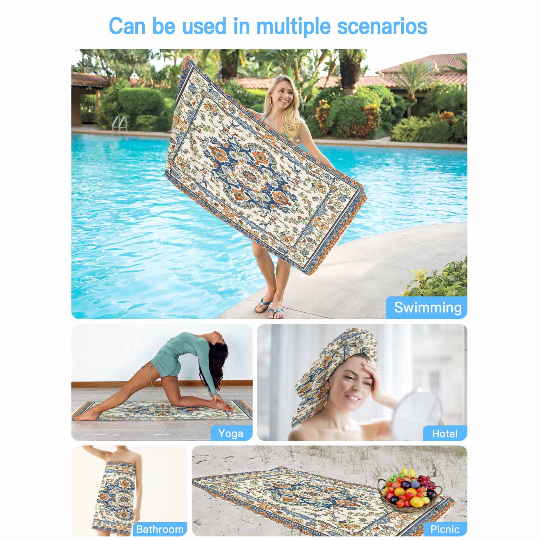 Boho Vintage Beach Towels Blanket Soft&Absorbent Quick Dry Microfiber Ethnic Tribal Aztec Floral Pattern Pool Towels for Swimming ,Yoga, Sports, Gym, Camping,Large 30X60in, Beige