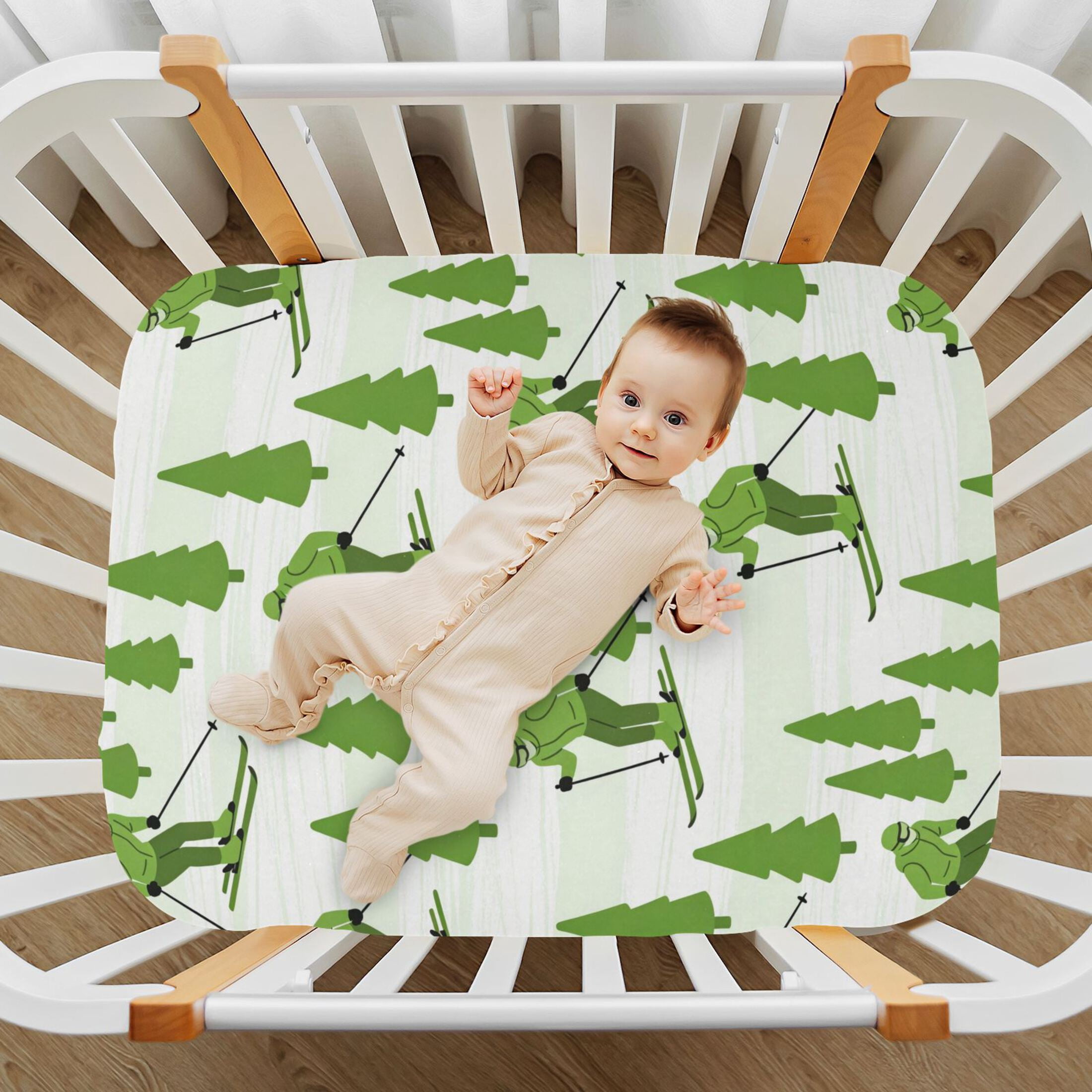 Baby Essentials 52”x 28”- Standard Cotton-like Modal Elastic- Green Skiing Design Crib Sheets for Newborns and Toddlers
