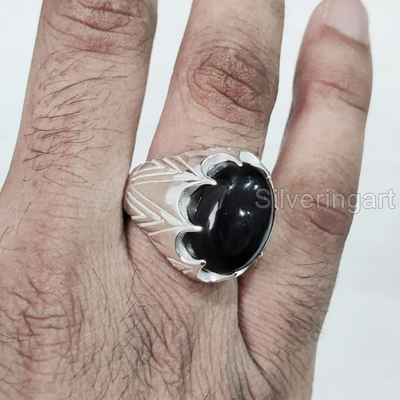 Black Onyx Mans Ring, Natural Black Onyx, December Birthstone, Silver Jewelry, 925 Silver Ring, Birthday Gift, Heavy Mens Ring, Arabic Design, Ottoman Style Ring, Christmas, Turkey Mens Signet Ring