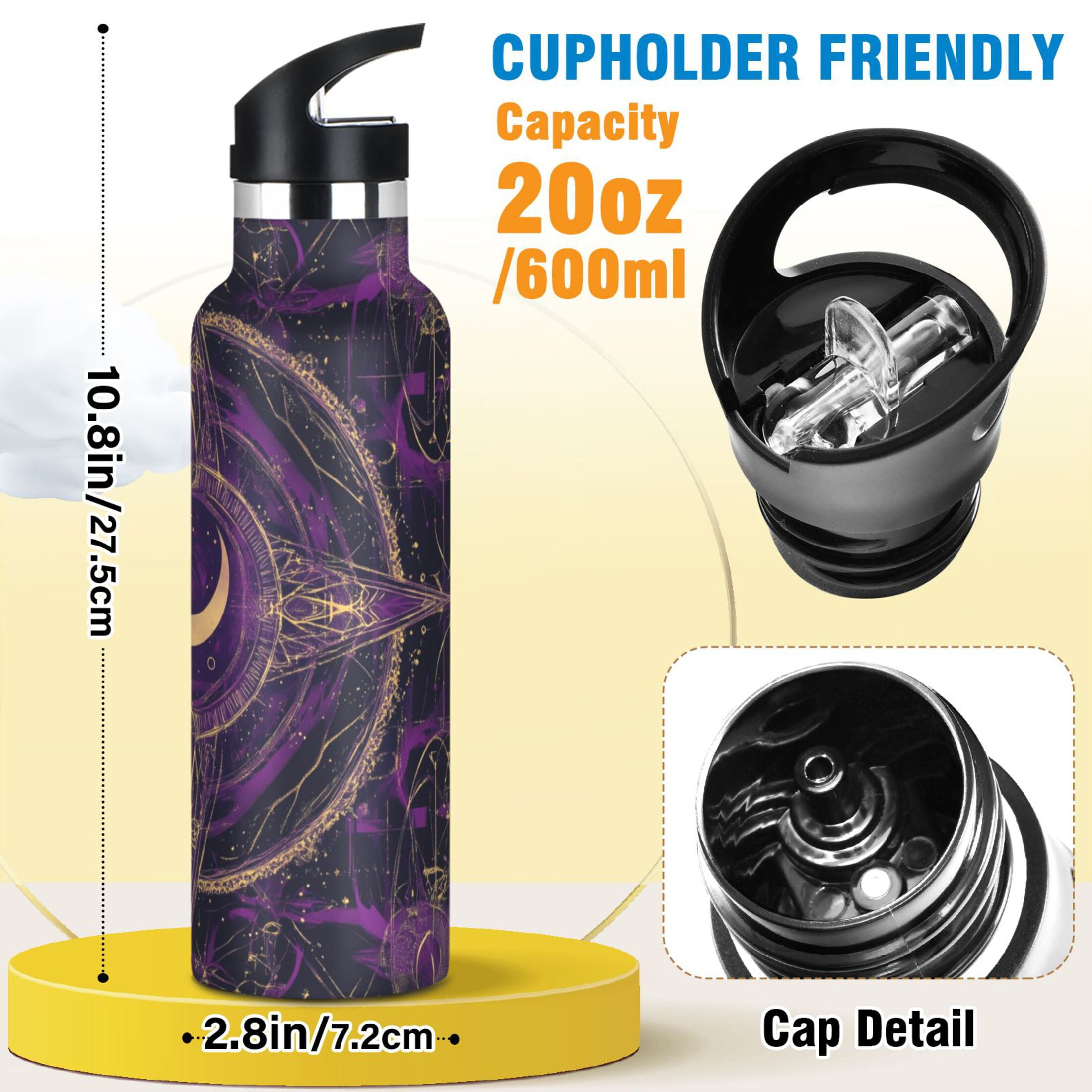 Kids Insulated Stainless Steel Sports Water Bottle 600ml (20oz) Purple Mystical Pattern