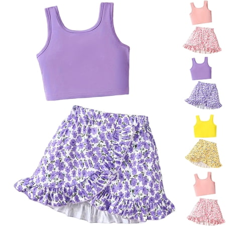 Afuyipoi Girls Sleeveless Skirt Set 2 Piece Boutique Apparel Ruffled Hem Casual Skirt Little Girls Versatile Day Wear Pink Size 3-4Years