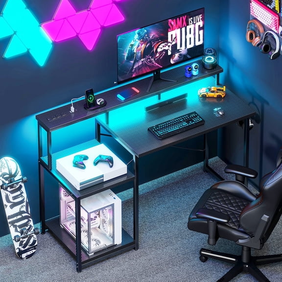 48 Inch Computer Desk with Monitor Stand,Gaming Desk with USB Ports & Power Outlets, Printer Shelf for Home Office, Storage Shelf, Black