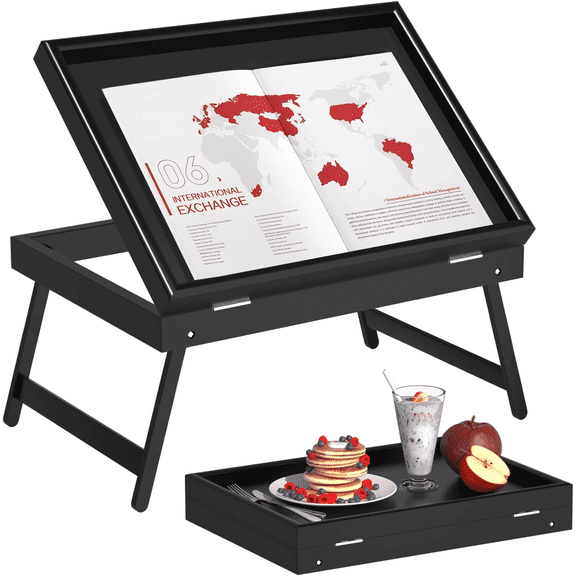 Bed Tray Table Breakfast Food Tray with Folding Legs Serving Tray for Laptop Desk, Sofa,Platters,TV,Snack,Eating Tray(Black, Medium)
