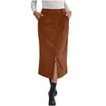 thumbnail image 2 of YABCSAZ Women Corduroy Midi Skirt High Waist Split Retro Half Skirt Elegant Corduroy Skirt for Fall Winter Long Straight Skirt with Pockets, Coffee, 2 of 9