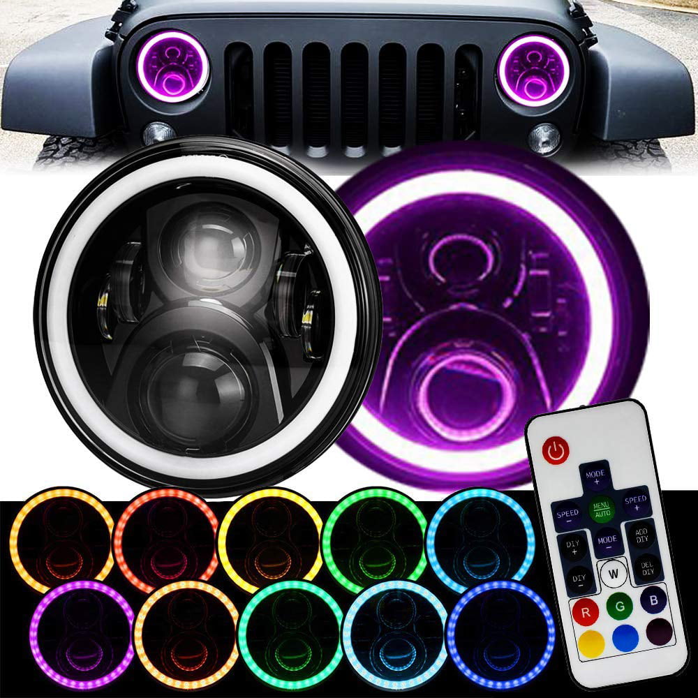 7 Inch Black Remote RGB SMD LED Halo Headlights for Jeep Wrangler JK TJ LJ  Hi/Lo Beam with DRL Halo Ring Angel Eyes 2PCS H6014 H6015 H6017 H6024 FITS  TRUCKS CARS -