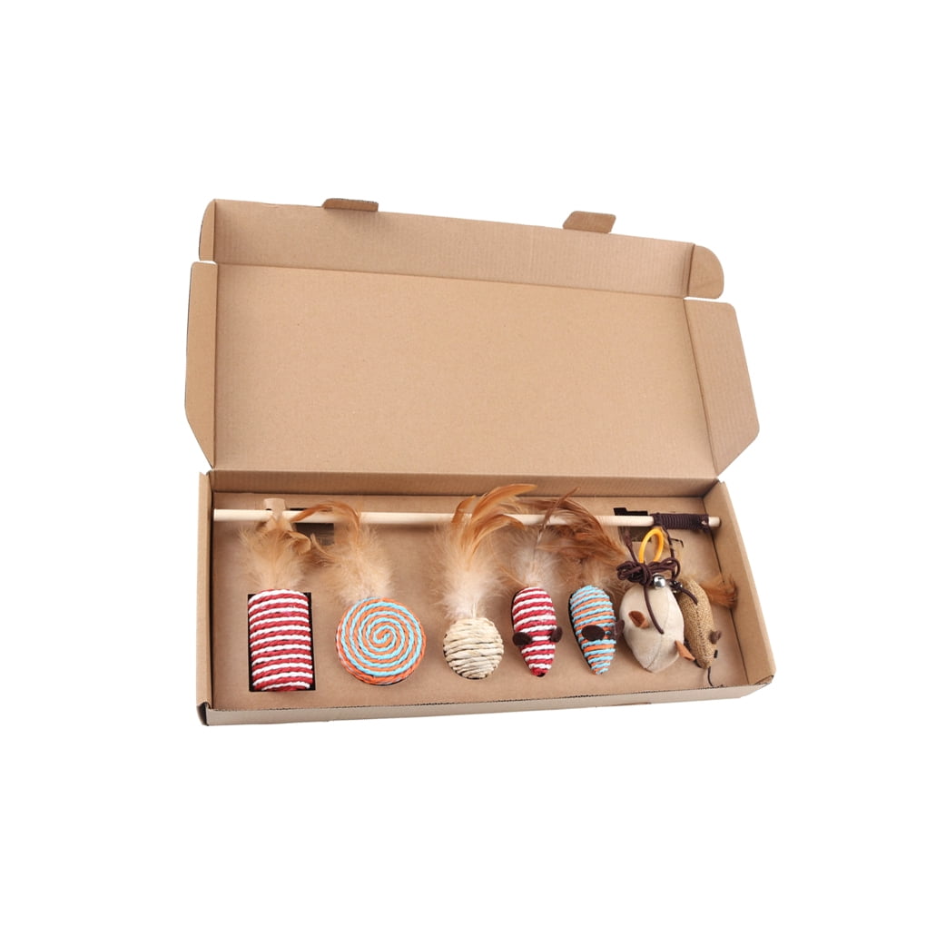 Dalazy 7 Pieces Cat Toys Gift Box Simulation Wand Set Plume Fun Teaser Kitten Scratch Toys Party Favors Natural Solid Stick