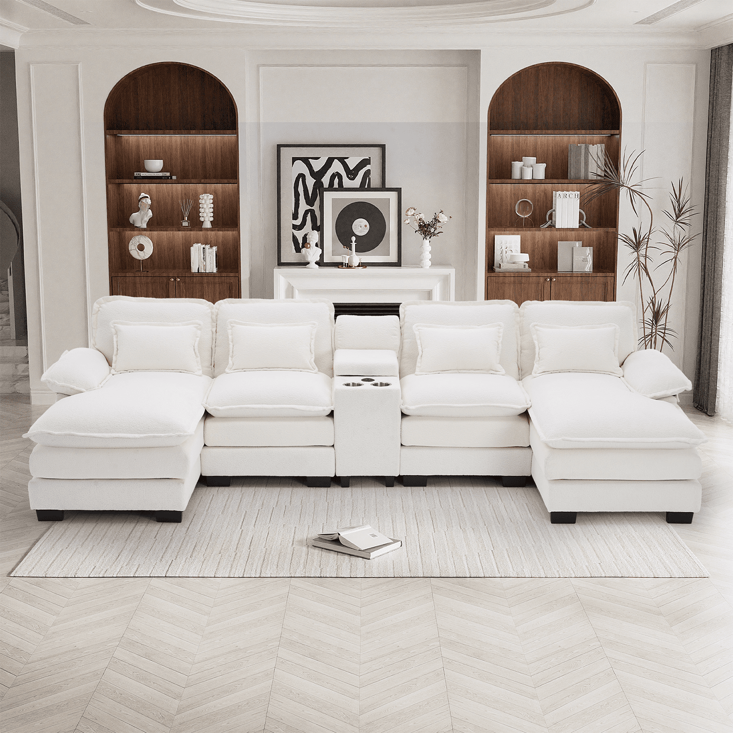 Wiilayok 133" U Shaped Cloud Couch Modular Sectional Couches for Living Room Fluffy Chenille Deep Seat Sofa Set with Double Chaise Lounge, Storage Central Console, Cup Holders, USB Port, Beige White