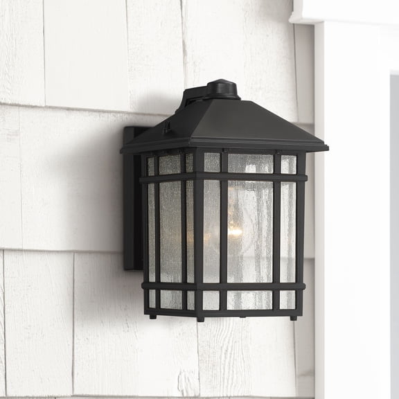 Kathy Ireland Mission Outdoor Wall Light Fixture Black Dusk to Dawn 11 1/4" Frosted Seedy Glass Panels for Exterior House Porch