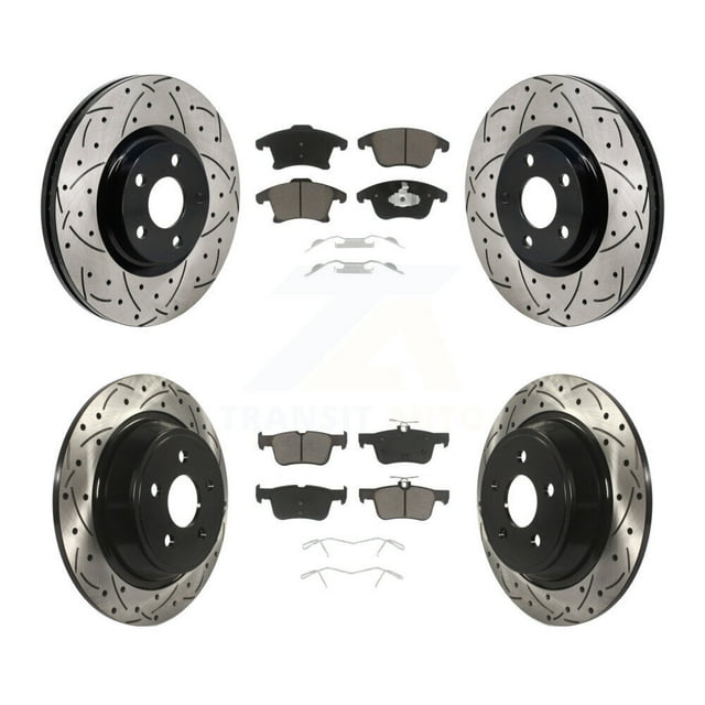 Transit Auto Front Rear Coated Drilled Slotted Disc Brake Rotors and Ceramic Pads Kit for Car 2017-2020 Lincoln MKZ 2.0L KDC-101214