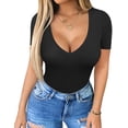 thumbnail image 3 of Zeagoo Women's Deep V Neck T-Shirt Summer Short Sleeve Slim Fitted Stretchy Basic Casual Tops, 3 of 5