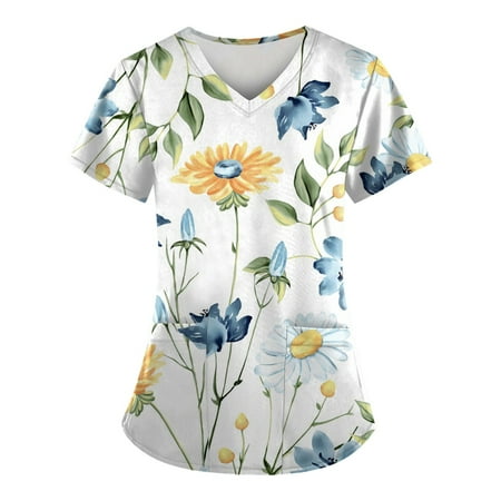 

Sksloeg Scrubs Tops For Women Comfortable Easy Fit Lightweight Durable Soft Stretch Daisy Floral Printed V-Neck Scrub Top With Pockets White S