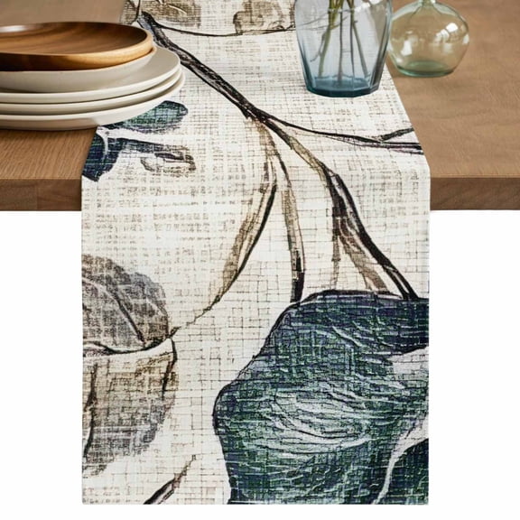 Table Runners 90 Inches Long Dress Scarves, Watercolor Flowers Farmhouse Coffee/Dining/Kitchen Table Decor Table Runner for Living Room, Green Floral Leaves Retro Rustic Beige 13x90 Inch