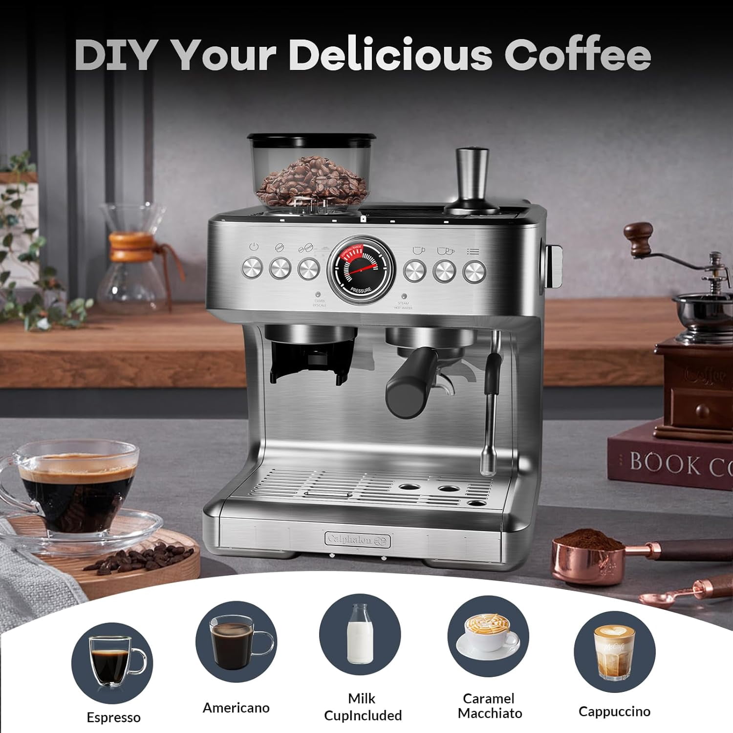 Professional Espresso Machine with Grinder - 20 Bar Semi-Automatic Coffee Maker with Milk Frother and Steamer Wand for Latte, Cappuccino, Macchiato, 95-Ounce Water Tank, PID Temperature Control