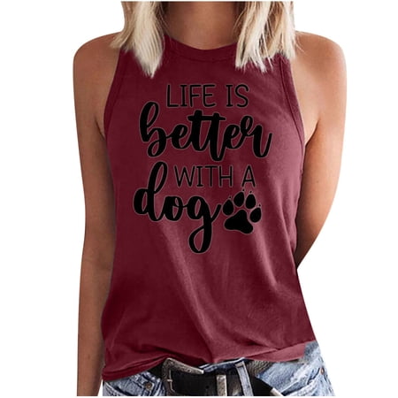 Honeeladyy Discount Life is Better with a Dog Funny Saying Novelty Tank Tops Women Sleeveless Crewneck Trendy Shirts Slim Graphic Vest Tees