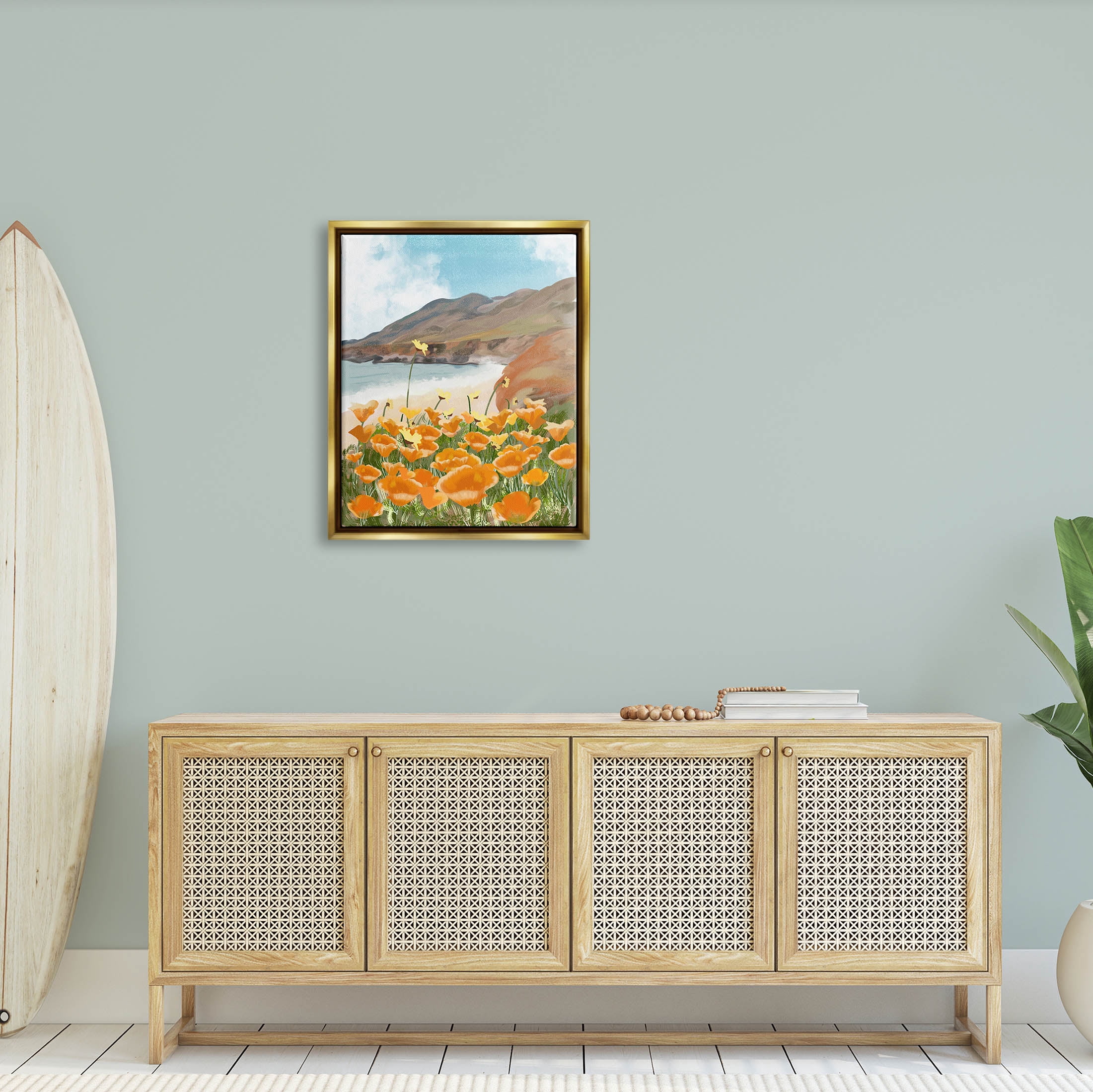 Stupell Industries Coastal Flower Meadow Blooming Graphic Art Metallic Gold Floating Framed Canvas Print Wall Art, Design by Ashley Singleton