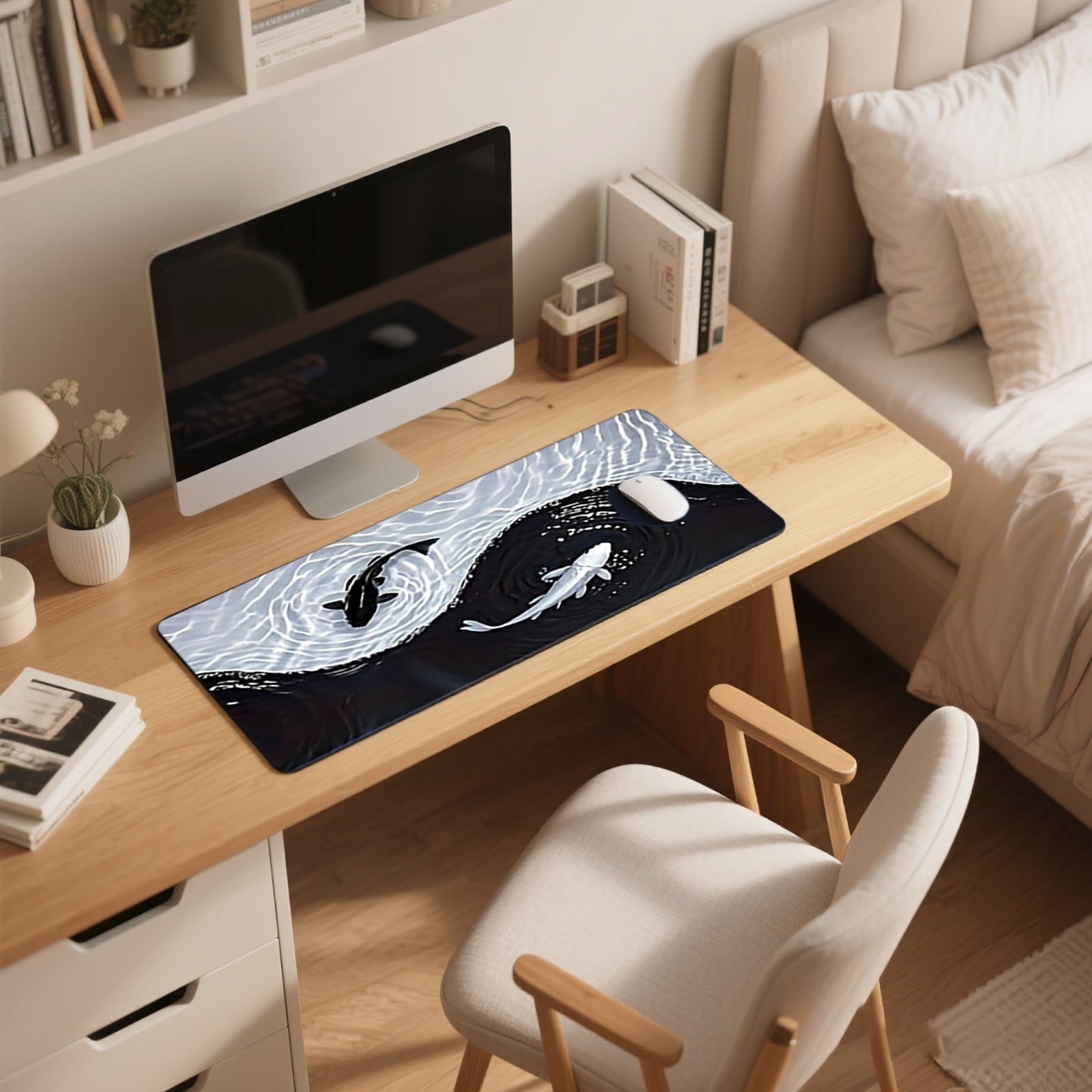 Extra Large Gaming Mouse Pad Desk Mat with Unique Black White Fish Design, Stitched Edges, Non- Rubber Base, Waterproof Surface for PC Gaming, Office, Home Computer Use