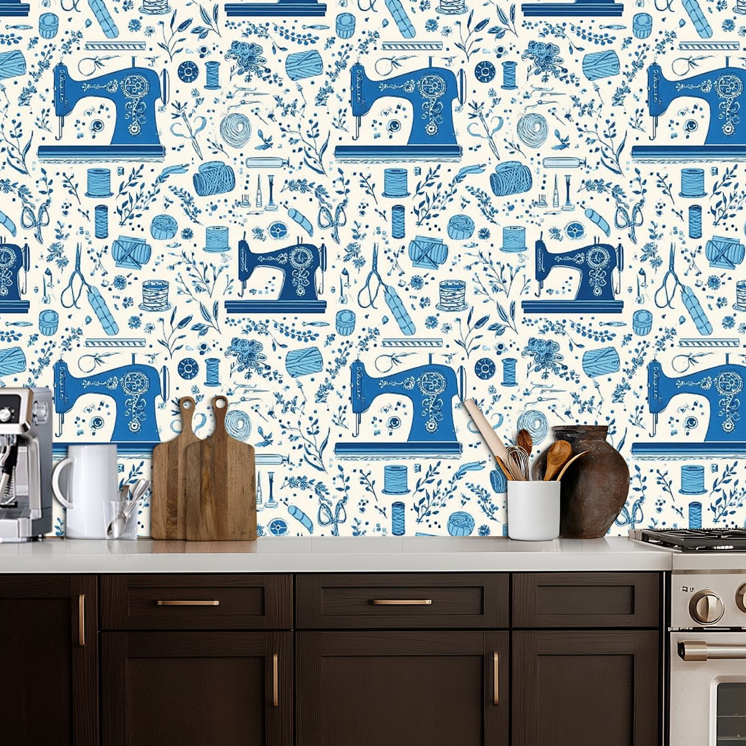 Peel and Stick Wallpaper 17.7in x 9.8ft Blue White Seamless Sewing Vintage Machines Notions Contact Paper Vinyl Self-Adhesive Removable Wall Paper for Bedroom DIY Home Decor Renter Friendly