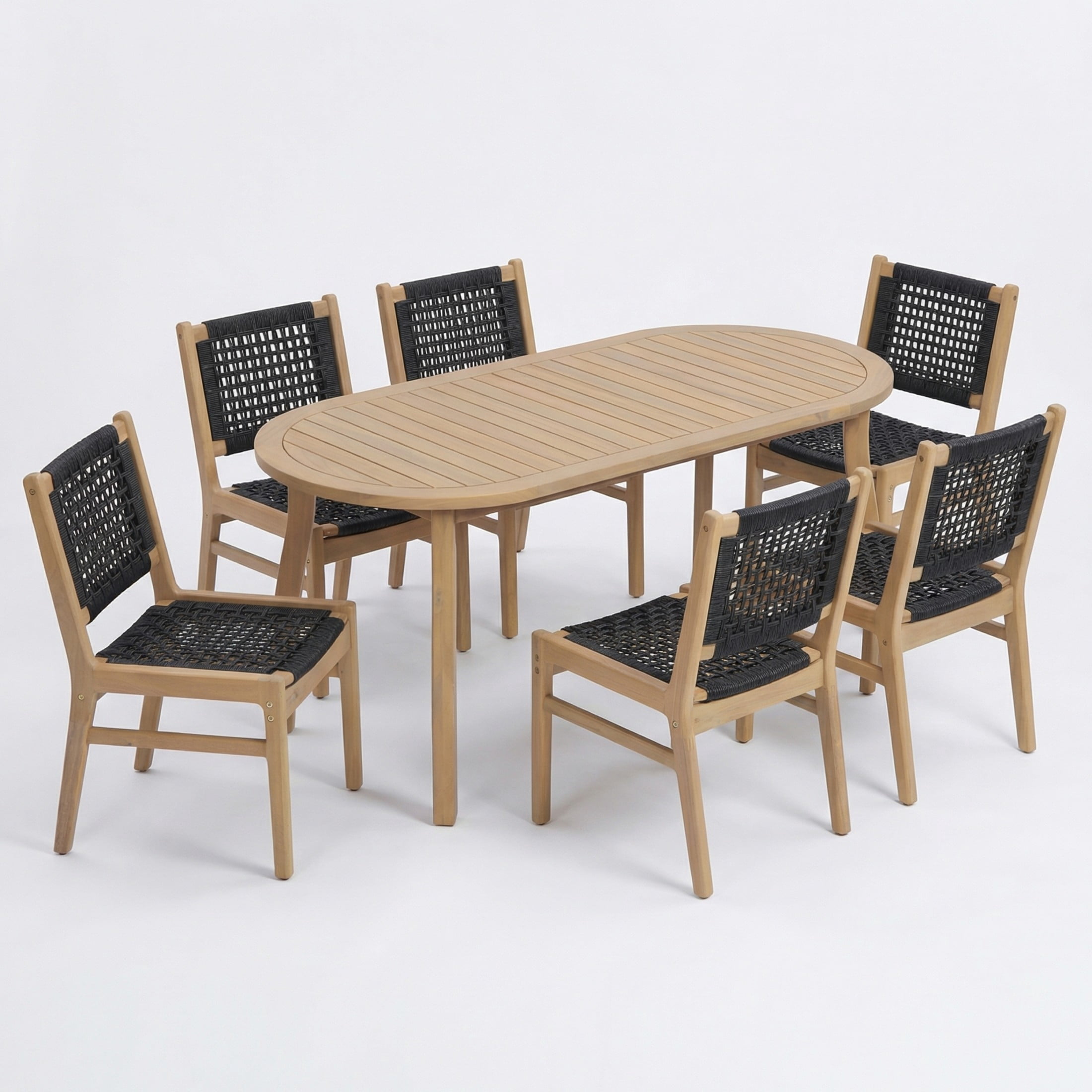 Christopher Knight Home 7-Piece Boho Patio Wooden Dining Set, Oval Table with Wicker Chairs, Black