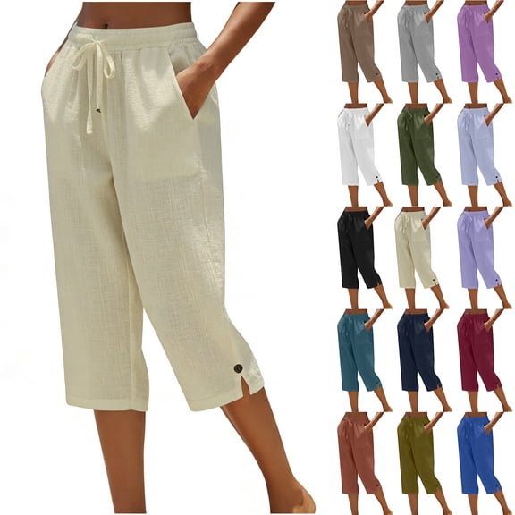 Delayuji Womens Capri Pant High Waisted Drawstring Elastic Comfy Straight Leg Short Pants Cropped Pant With Pockets