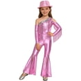 thumbnail image 1 of RUNQHUI Kids Girls Metallic Ruffle Flared Jumpsuit with Hat Set Fringed Performance Disco Dance Outfit Pink 14, 1 of 6