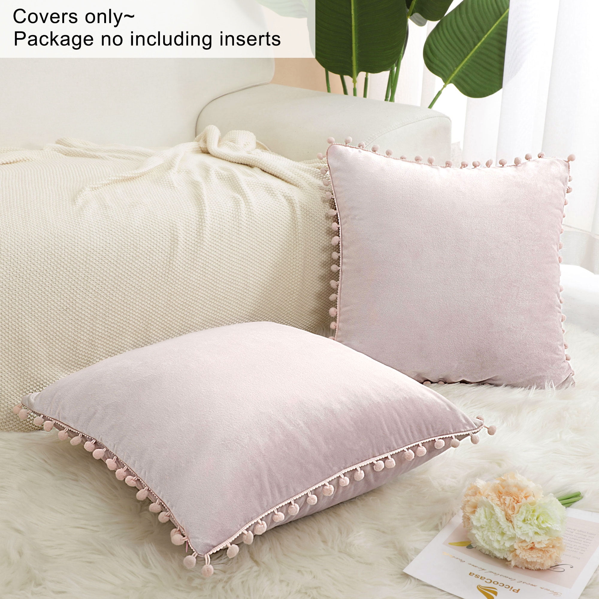 Unique Bargains Velvet Pillow Cover with Pompoms for Sofa 2PCS Pale Pink 16x16Inch