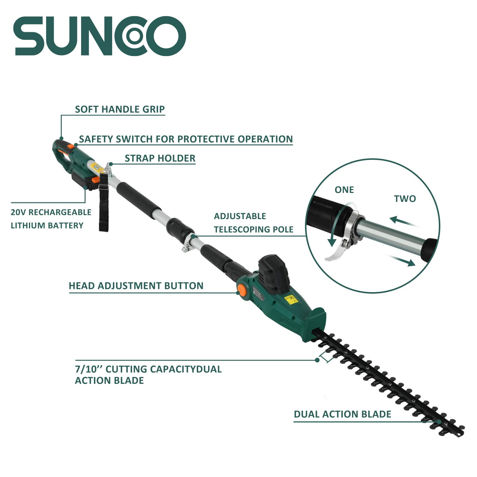 SUNCOO Cordless Pole Hedge Trimmer 2.0AH Battery & Charger Included 20-inch Battery-Powered Telescoping Trimmers 