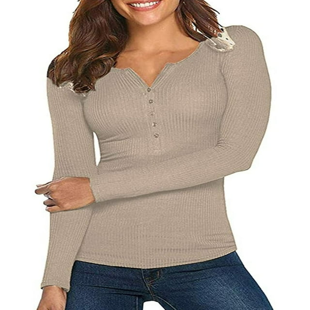 Women‘s Long Sleeve Henley T Shirts Button Down Slim Fit Tops Scoop Neck Ribbed Knit Shirts
