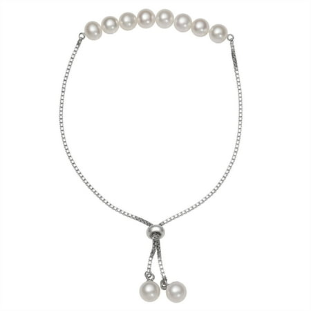 6-7mm Genuine White Cultured Freshwater Pearl Sterling Silver Adjustable Chain Bracelet, 11