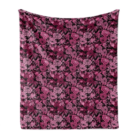Romantic Soft Flannel Fleece Throw Blanket, Feminine Pattern of Wild Peony Flowers Summer Season Botany Artwork, Cozy Plush for Indoor and Outdoor Use, 50" x 60", Dark Magenta and Pink, by Ambesonne