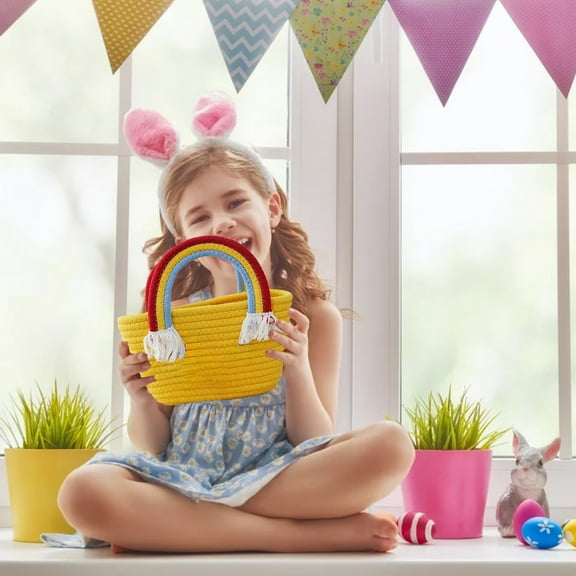 SDJMa Easter Bunny Basket for Toddlers, 5.12x9.06 Inch Woven Easter Rabbit Carrot Gifts Basket with Rainbow Color Handle for Kids Spring Easter Egg Hunt Party Favors Supplies