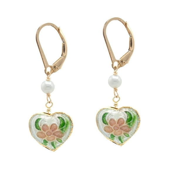 LTC Designs Heart-Shaped Floral Cloisonné Earrings White Cultured Freshwater Pearls for Adults