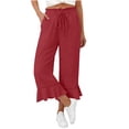thumbnail image 3 of KLHDSF Pants For Women Drawstring Elastic Waist Cropped Pants with Pockets And Ruffle Hem Cotton Linen Solid Summer Trousers RedXL, 3 of 7