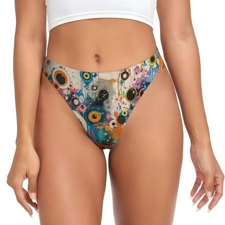 Qokaie Abstract Colorful Dripping Circles Printed Women s Cotton Thong Underwear  Sexy Breathable Panties G-string-Small