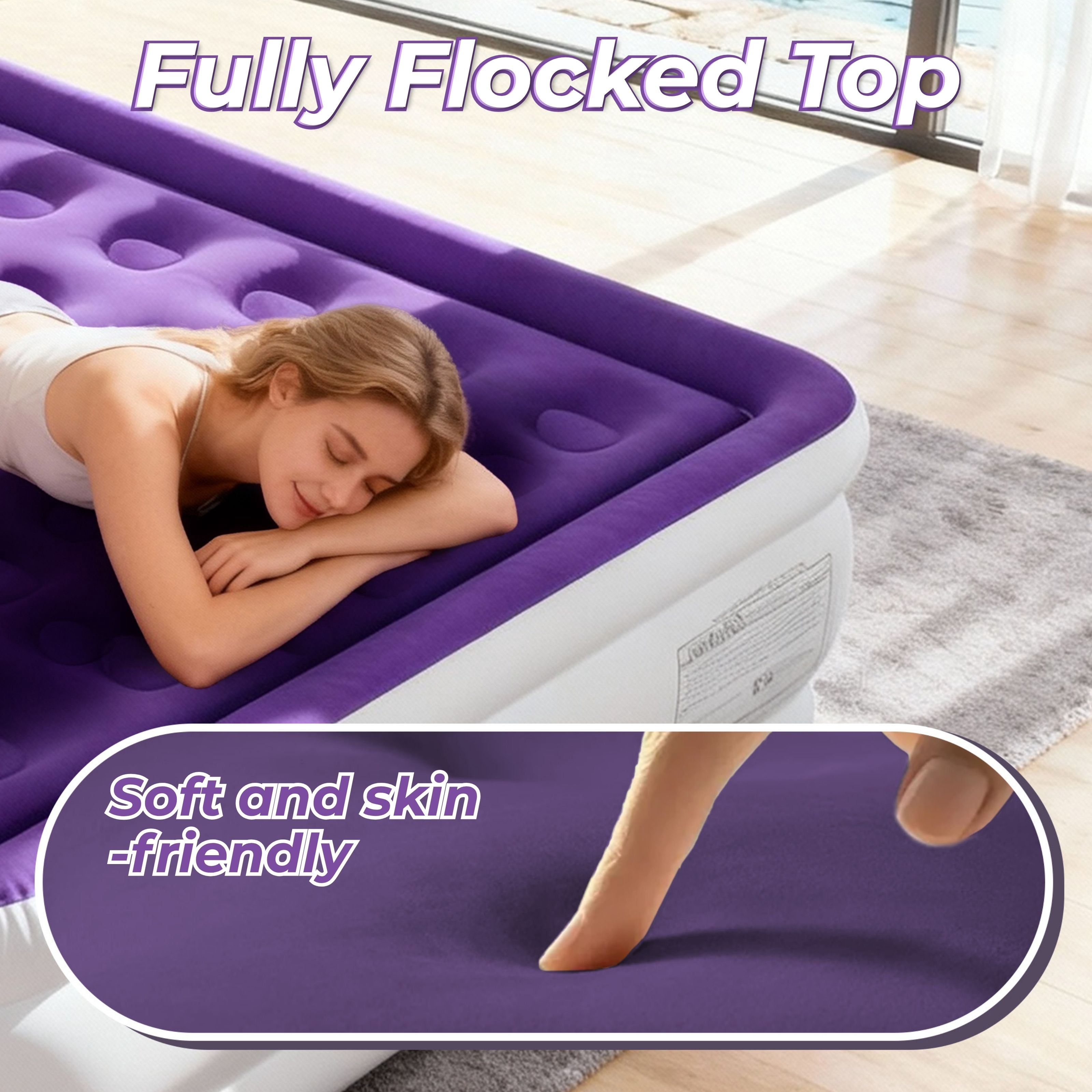 LussoAmor 18" Full Air Mattress with Built-in Pump, 3-Mins Self-Inflation, Blow Up Bed for Camping, Home & Guest, 600lb, Purple