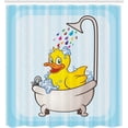 thumbnail image 2 of Cortina de ducha de pato, personaje de dibujos animados tomando un baño, gotas de colores, puntos de fondo, 59 pulgadas de ancho x 70 pulgadas de largo, azul suave, azul cielo y amarillo, 2 of 5