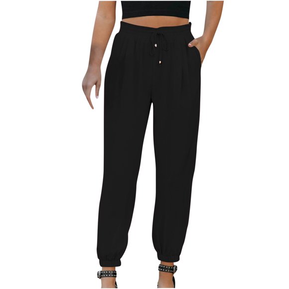 jovati Woman Solid Color Cotton and Linen Drawstring Elastic Waist Long Straight Pants
