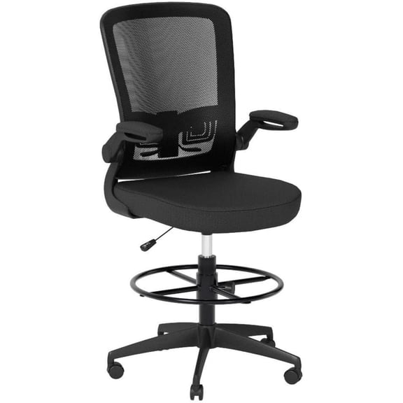 Drafting Chair - Ergonomic Tall Office Chair for Standing Desk with 3IN Thick Cushion, Flip-up Arm, Adjustable Back Support & Footrest Workbench Rolling Stool Computer Chairs (Black 1 pcs)