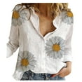 thumbnail image 2 of Linen Shirt for Women, Sunflower Print V Neck Roll up Long Sleeve Button Down Blouses Tops Lightweight Pullovers, 2 of 7