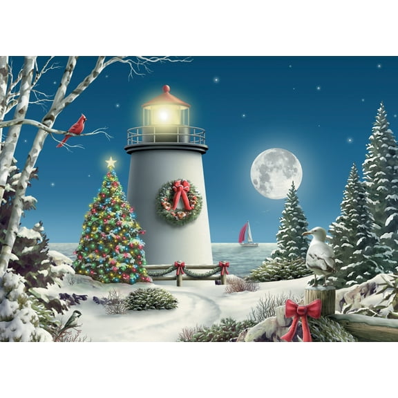 Vermont Christmas Company Box of 'Christmas Lighthouse' Christmas Cards - 15 Cards & 16 Foil Lined Envelopes - Packed in Attractive Red Box - Cards measure 4 1/2" x 6 1/4" Folded