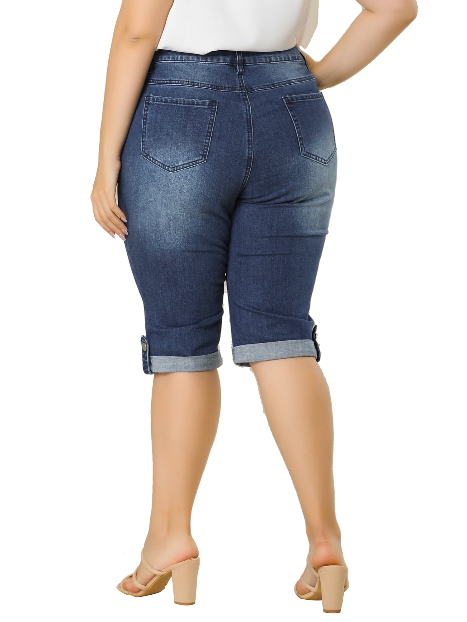 Unique Bargains Juniors' Plus Size Shorts Chambray Ripped Denim Capri Jeans Blue 2X