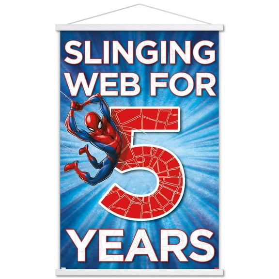 Marvel Spider-Man - Happy 5th Birthday Wall Poster with Wooden Magnetic Frame, 22.375" x 34"