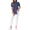 thumbnail image 2 of Camisa de mezclilla de mujer con cuello y manga corta, botón, tamaño S, azul profundo, 2 of 6